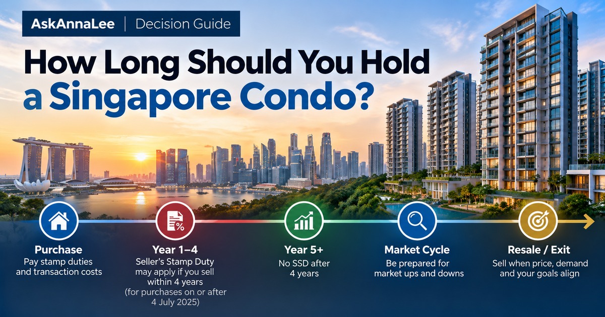 Singapore condo holding period decision guide showing purchase, SSD years, market cycle and resale exit